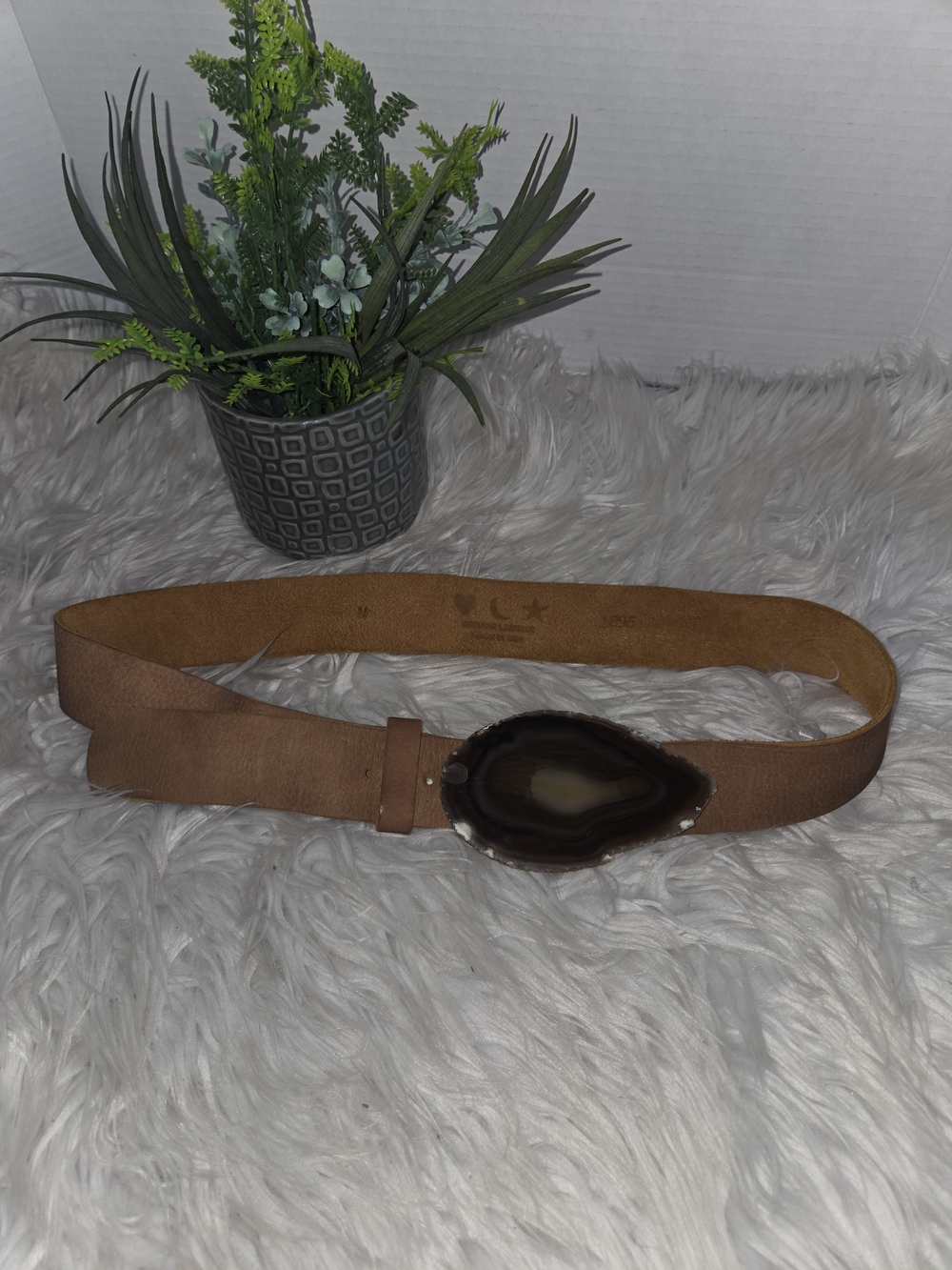 VTG Genuine Leather Belt with Natural Agate Stone Buckle. Size M. made In USA